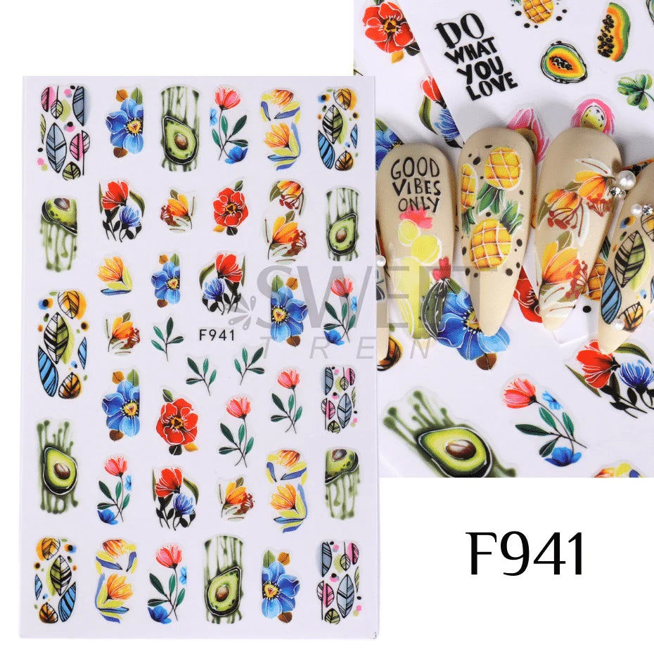 5D Yellow Sunflower Embossed Nail Sticker Acrylic Flower Leaf Bee Butterfly Summer Engrave Gel Polish Manicure Slider Decoration