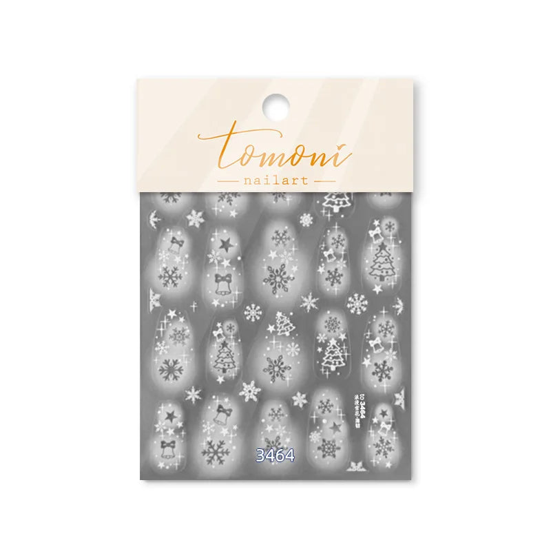 2D Merry Christmas White Tree Bell Snowflake Hollowed Out Spray Painting Adhesive Nail Art Stickers Decals Manicure X'mas Charms