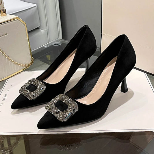 aichashi  -  Luxury Low Heeled Suede Shoes Women's Pumps Pointed High Heels Party Dress Shoes Sexy Square Crystal Elegant Office Shoes