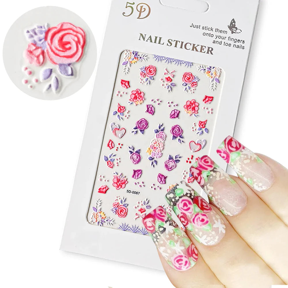 1PC 5D Macaron Flower/Fruit Nail Charms Sticker Embossed Bear/Rabbit/Letter Nails Slider Decals Summer Adhesive Manicure Decor&Y