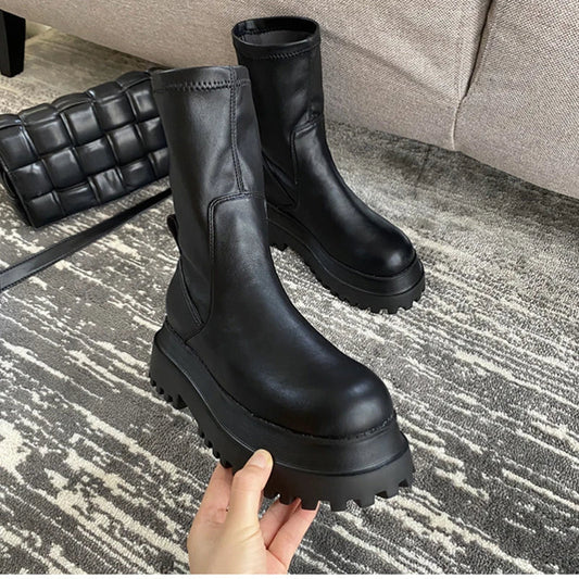 aichashi  -  Winter Chunky Platform Heels Long Boots Round Toe Zipper Thick Sole Ladies Fashion Winter Women's Knee High Platform Boots