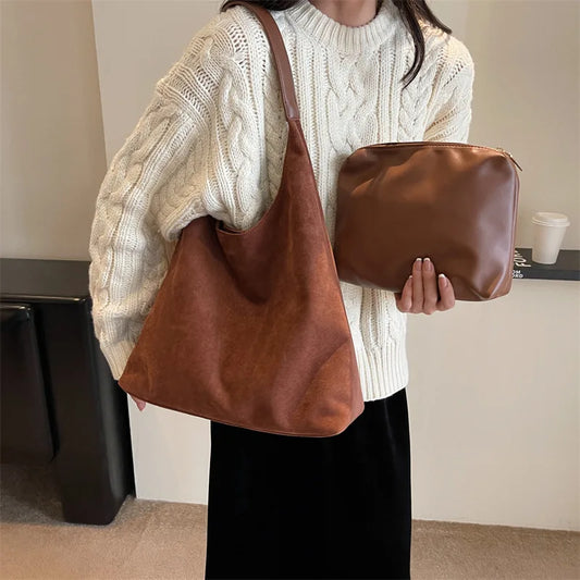 Aichashi Autumn and Winter Vintage Women's Bag Large Capacity Suede Shoulder Bag Solid Color Simple Casual Commuter Bag Retro Handbags