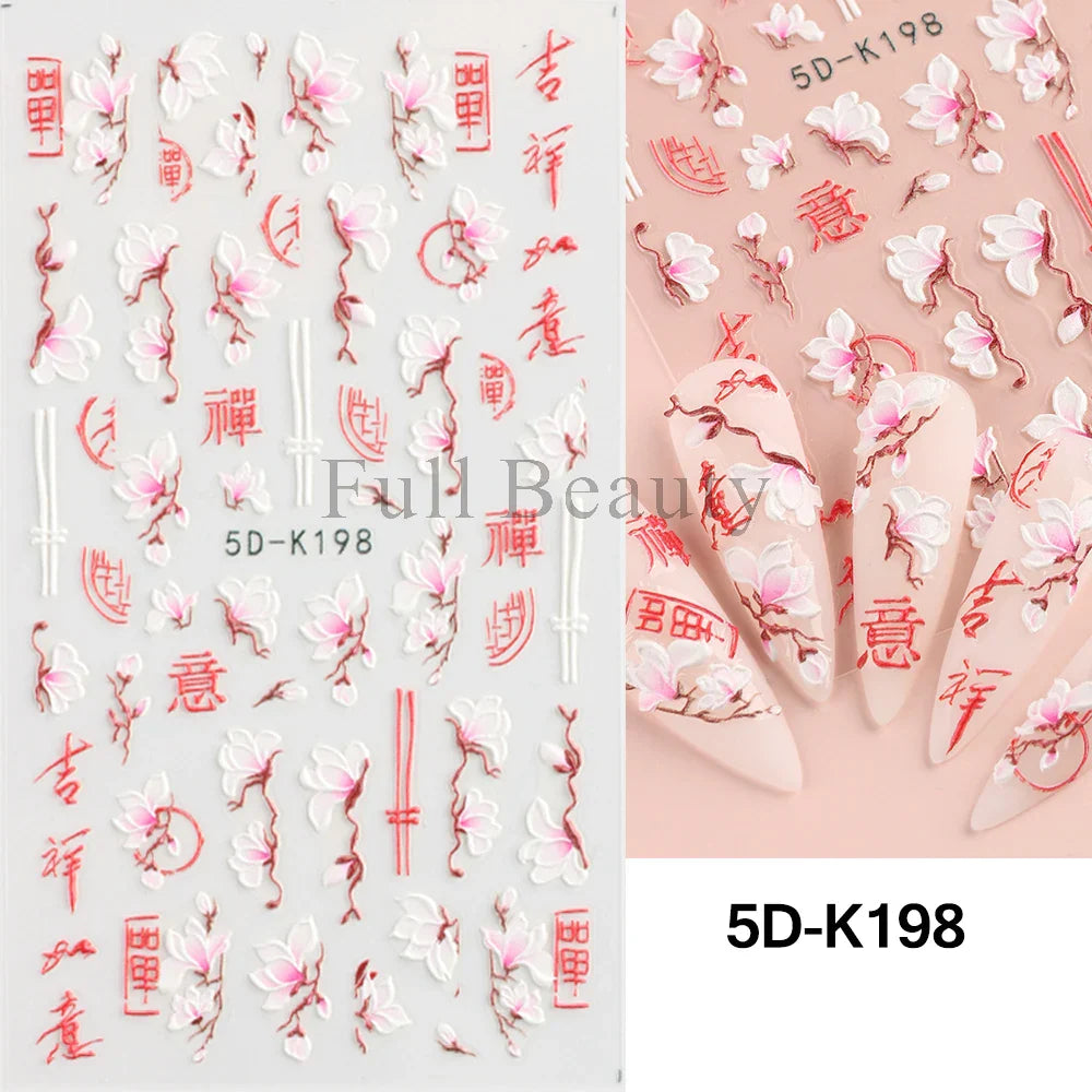 Aichashi 5D Embossed Nail Stickers Flowers Bird Geometric Lines Gold Frame Floral Nail Decals Cherry Blossom Y2K Manicure Decor