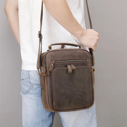 Aichashi Genuine Leather Men's Shoulder Bag Vintage Crazy Horse Skin Double Zipper Pocket Flap Messenger Bag Man Daily Handbag