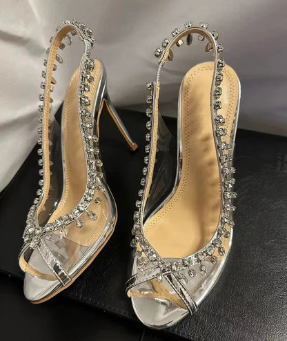 aichashi  -  PVC Transparent Heeled Sandals Women Pumps Sexy Thin High Heels Fish Mouth Silver Luxury Party Heels Crystal Sandals