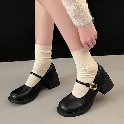 Aichashi College Style Lolita Shoes Women's Student Retro Round Toe Mary Jane Shoes Shallow Buckle Thick Sole Single Shoes Women's Shoes