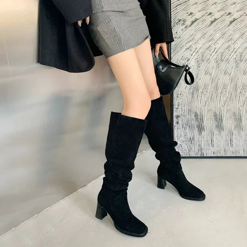 aichashi  -  Faux Suede High Heels Long Boots Women Winter Fashion Pleated Cowboy Boots Woman Round Toe Slip-On Riding Botas De Mujer