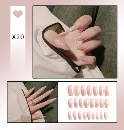 24Pcs Almond False Nails With Tools Cute Heart Strawberry Chili Design French Checkerboard ABS Press On Nails Fake Tips Wearable