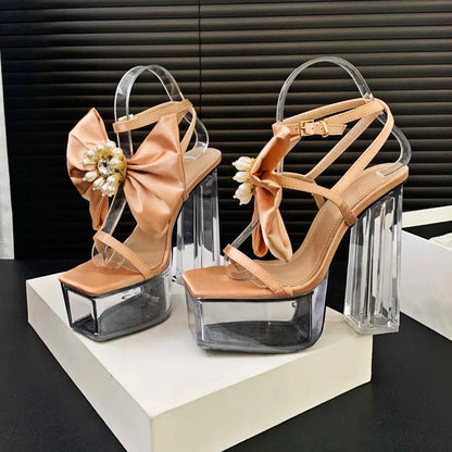 aichashi  -  Satin Bows Transparent Sandals Women Pumps Square Head Party Dress Bridal Shoes Summer Sexy Crystal Platform High Heels Ladies