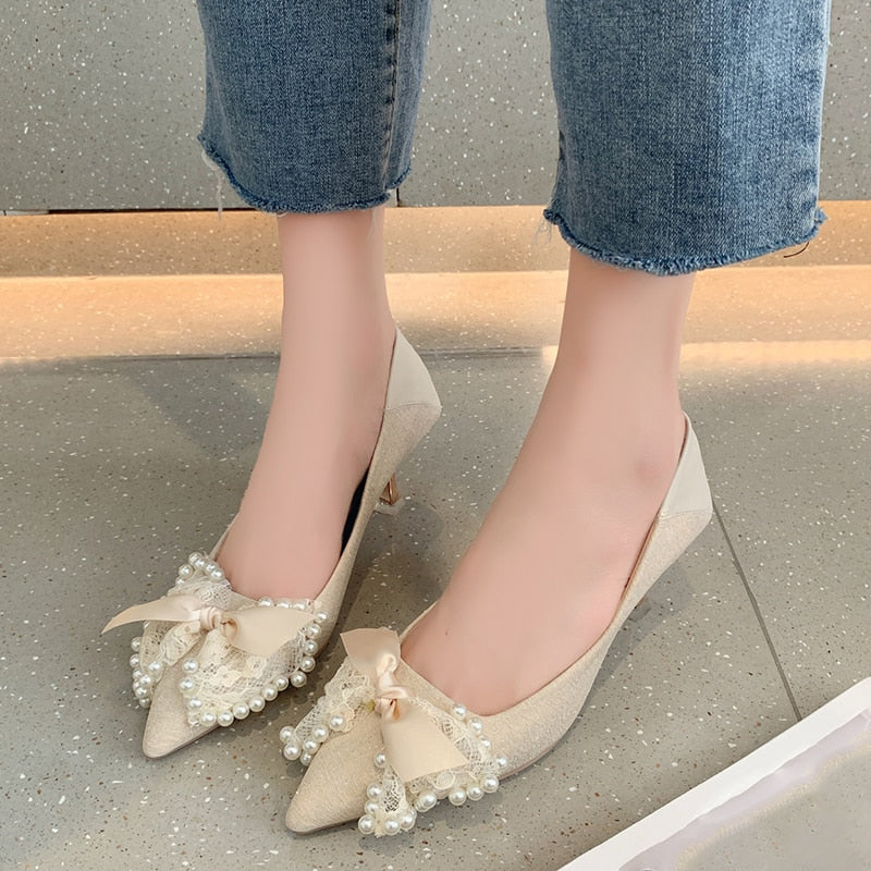 Aichashi Lace Bowknot Pumps for Women Summer Sexy Pointed Toe Thin High Heels Shoes Woman Fashion Pearls Wedding Party Shoes