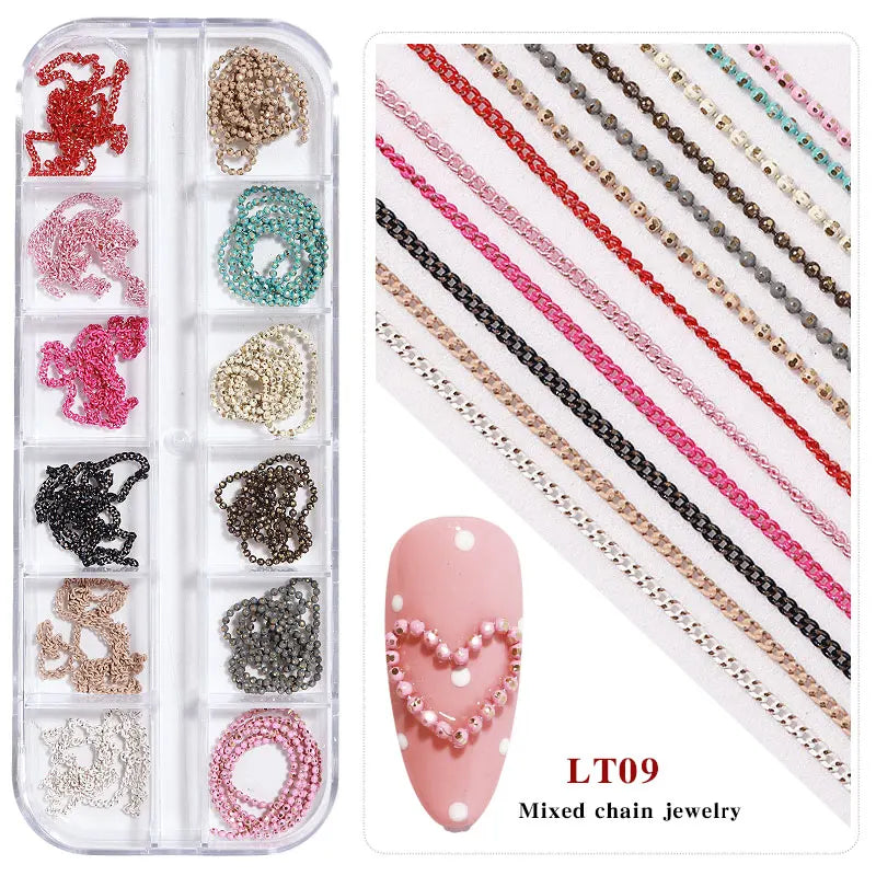 12 Grid Mixed Style Nail Chain Jewelry For DIY Art Decoration Fashion Metal Nails Accessories For Manicure Design