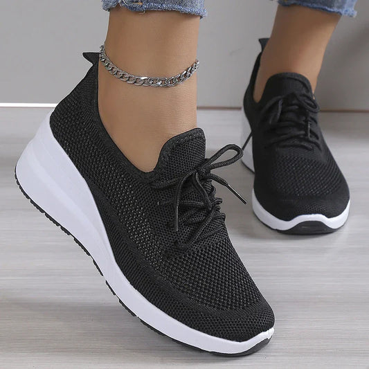 Aichashi 2024 Spring Breathable Wedge Sneakers Women Mesh Knitted Platform Sports Shoes Woman Casual Non-Slip Lace Up Tennis Shoes Ladies