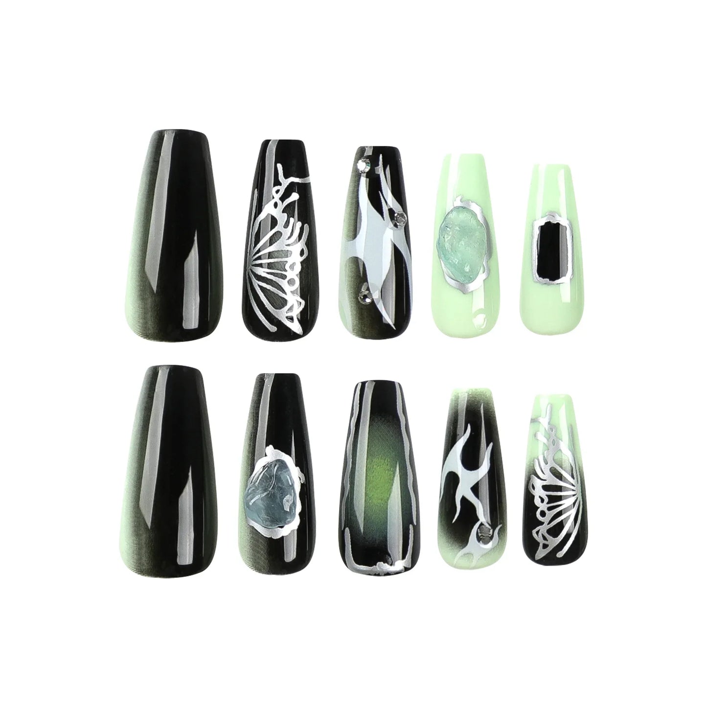 Aichashi 24PCS Long Ballet French Nail Art Fake Nails y2k Press On Black Green Gradient Nail Tips False Nails With Diamond Decoration