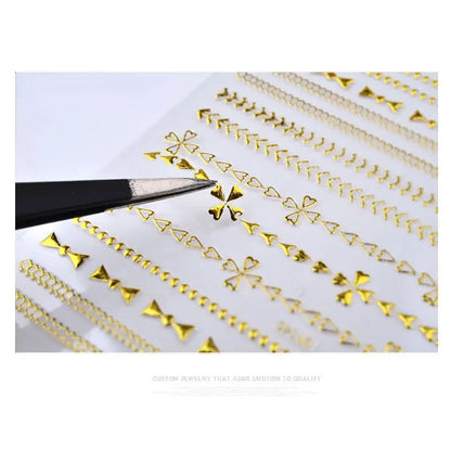 1 Sheet Gold Metal Chains Nail Stickers Mix Wave Heart Bow 3d Golden Metallic Adhesive Sticker DIY Manicure Nail Art Decorations