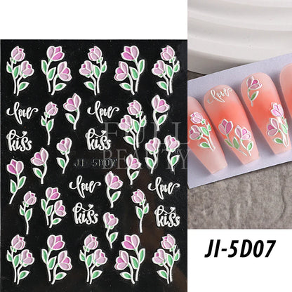 Aichashi 5D Embossed Nail Stickers Flowers Bird Geometric Lines Gold Frame Floral Nail Decals Cherry Blossom Y2K Manicure Decor