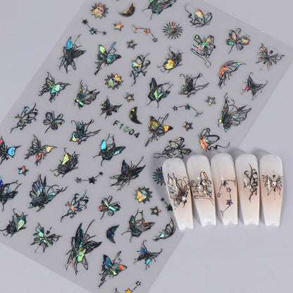 Aichashi 1PCS Black White Butterfly Laser Nail Stickers Y2K Nail Art Decoration Abstract Lines Bronzing Flowers Stickers For Nails