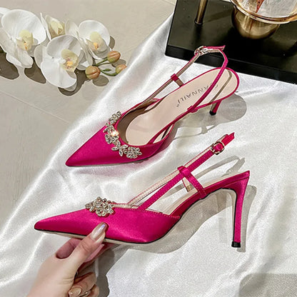 aichashi  -  Luxury Satin Rhinestone Flower Design High Heels Women Sexy Pointed Toe Heeled Sandals Back Strap Blue Pumps Party Wedding Shoes