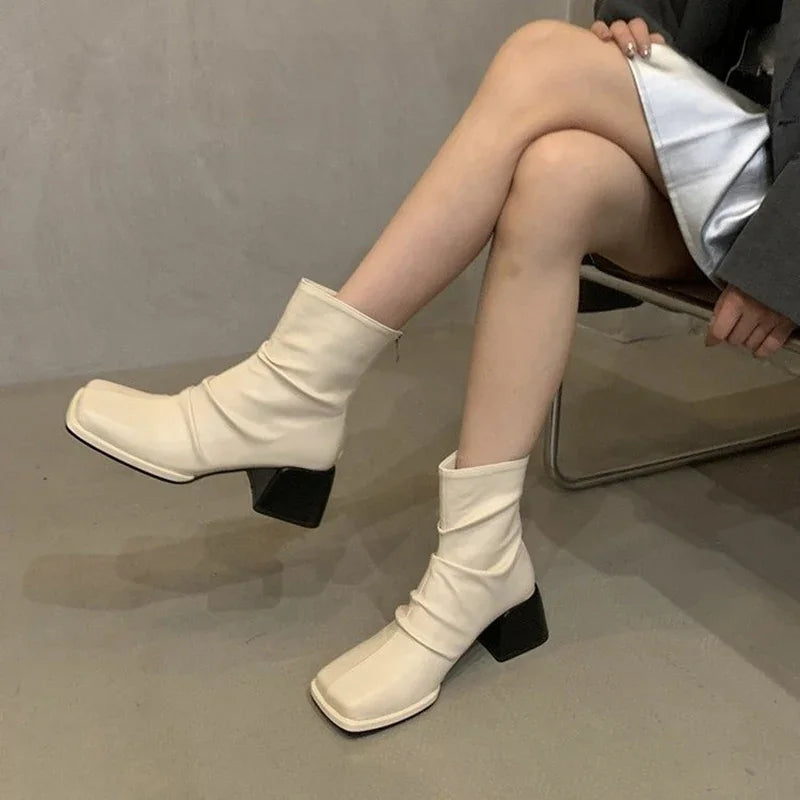 Aichashi Autumn Winter Women Ankle Boots Fashion Square Toe Back Zippers Shoes Vintage Square Heels Ladies Short Booties