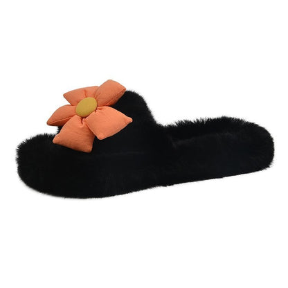 Aichashi Flower Plush Slippers Women Wear Autumn and Winter New Home Plus Size One Word Slippers Cute Cotton Shoes Zapatillas Planas