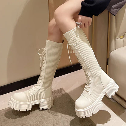 Aichashi Autumn Winter New Chunky Platform Long Boots Women Thick-soled Stretch Knitted Knee High Boots Woman Botas De Mujer