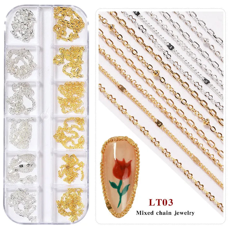 12 Grid Mixed Style Nail Chain Jewelry For DIY Art Decoration Fashion Metal Nails Accessories For Manicure Design