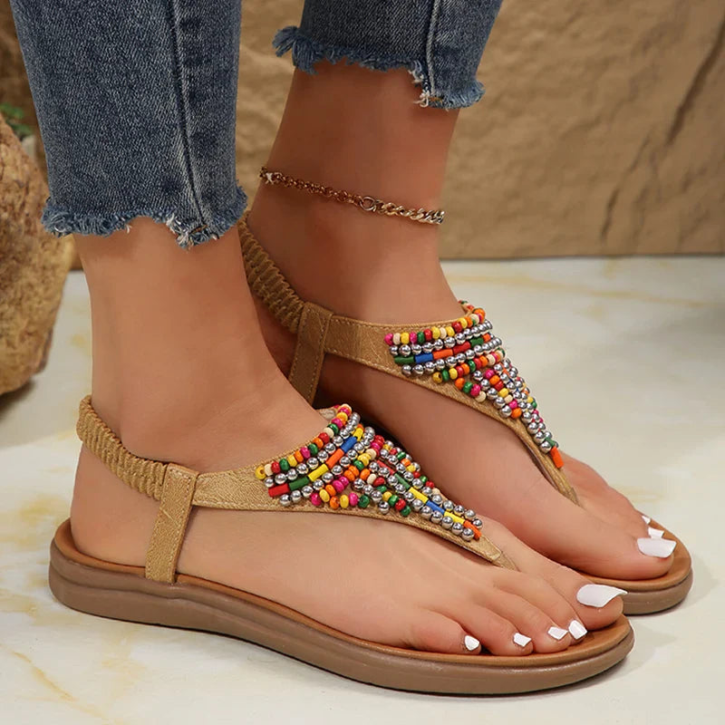 Aichashi Bohemian Style Retro Sandals Women 2024 Summer Clip Toe Flat Gladiator Sandals Woman Fashion Beaded Non Slip Outdoor Flip Flops