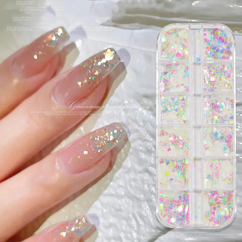 Aichashi 12 Grids/Box Mermaid Fantasy Glitter Sequins Nail Sequin Ornament Sparkling Glitter Sets DIY Nail Art Decoration