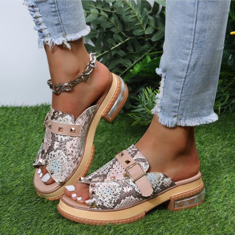 Aichashi New Sandals Women Shoes Snake Print Classic Casual Vacation Daily Open Toe Rivets Monk Buckle Comfortable Sandals Plus size 43