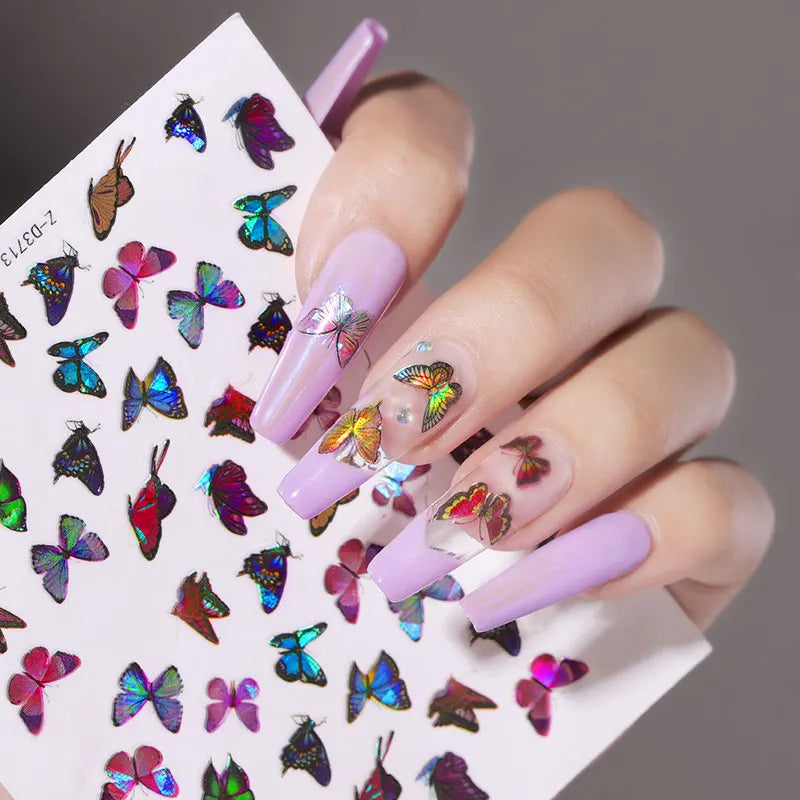 1Sheet Laser Color Butterfly Nail Art Stickers Holographic 3D Gradient Butterflies Adhesive Nail Decals DIY Manicure Decorations