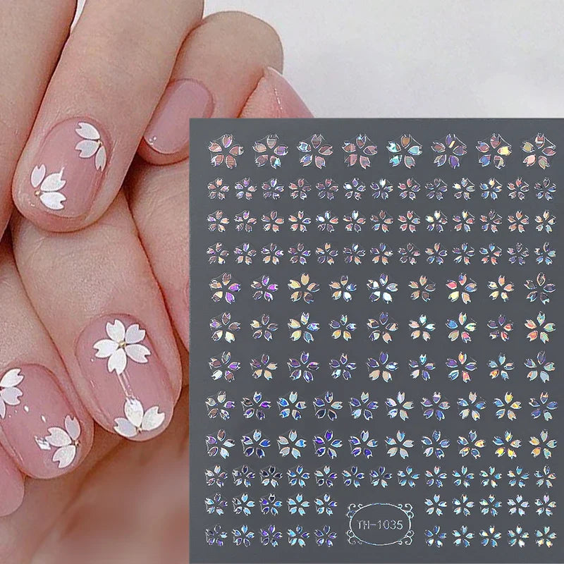 Aichashi 3D Laser Sakura Flower Nail Sticker Aurora Decals Glitter Star Butterfly Floral Adhesive Sliders Cherry Blooming Manicure