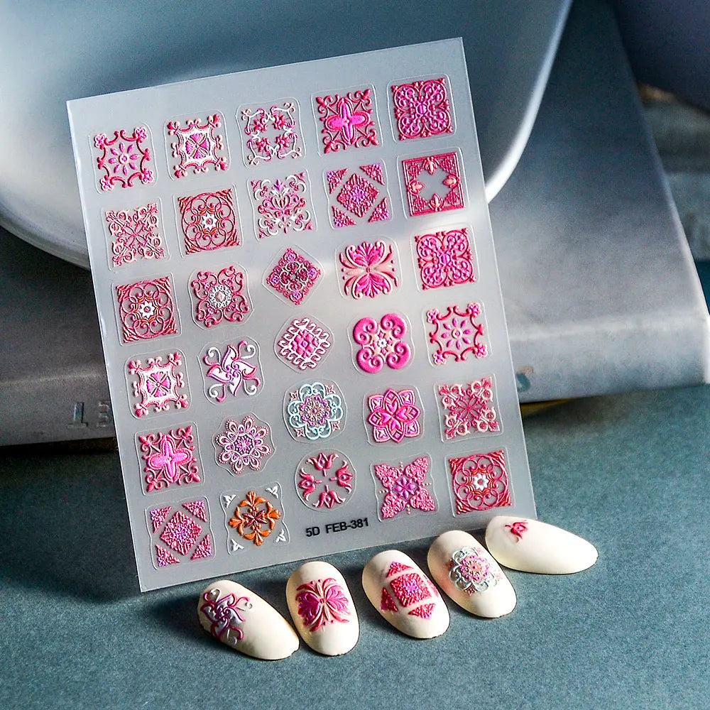 Aichashi 1PCS Bohemian Style 5D Nail Stickers Press on Nails Embossed Symphony Butterfly Flower Stickers Nail Decoration Decals