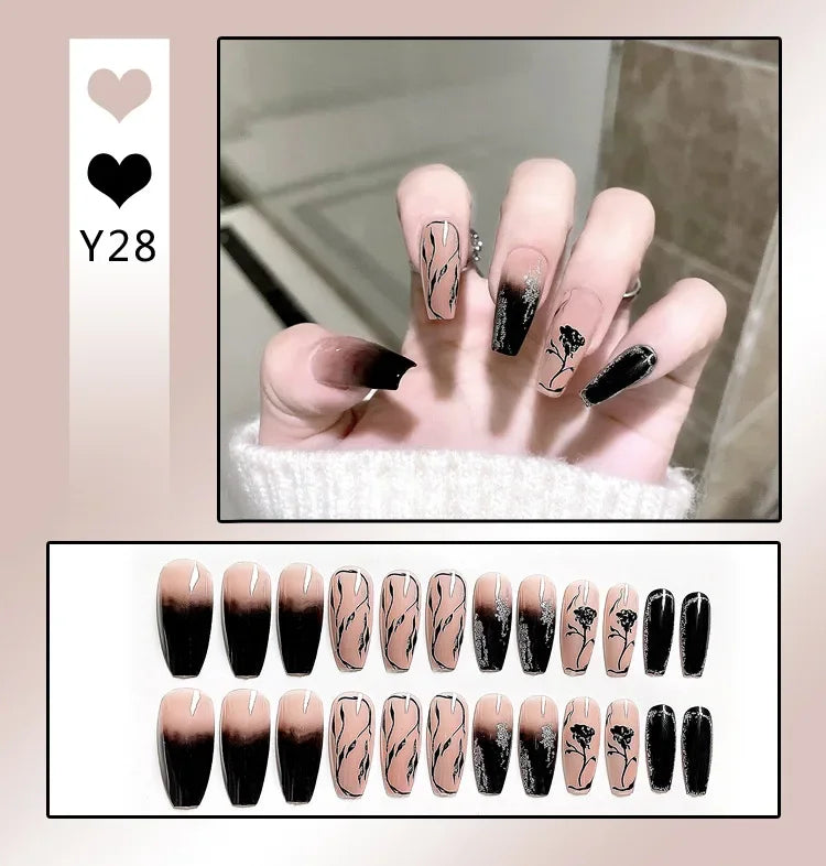 24Pcs Almond False Nails With Tools Cute Heart Strawberry Chili Design French Checkerboard ABS Press On Nails Fake Tips Wearable