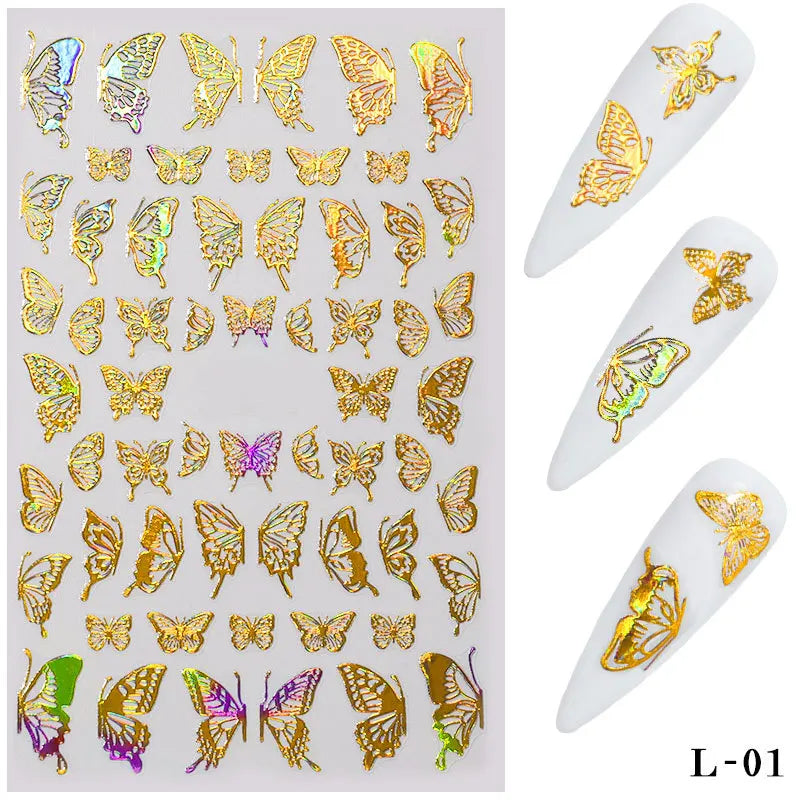 Aichashi 3D Laser Nail Stickers for Nail Art Decorations Gold Sliver Butterfly Nail Bronzing Stereoscopic Decals