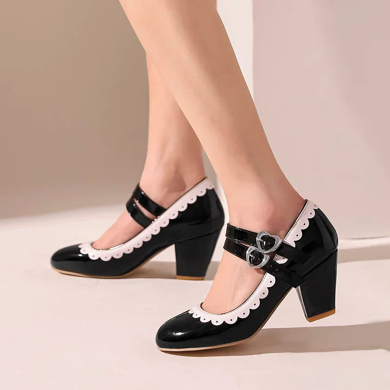 aichashi  -  Size 32-43 Women Round Toe Pumps Double Buckle Mary Janes Shoes Bowknot High Heels Shoes Ladies Daily Party Footwear