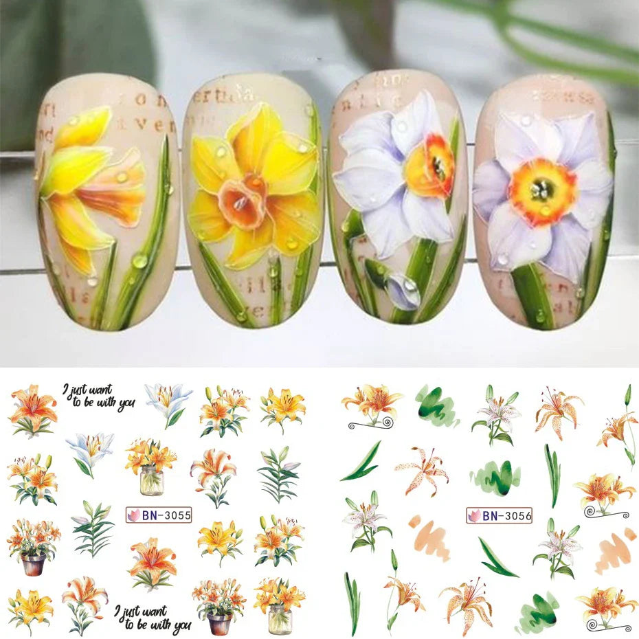 Aichashi 12 Designs Lily Flowers Nail Stickers White Flower Green Leaf Geometric Line Sliders Spring Floral Water Transfer Decals Slider