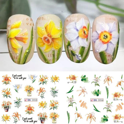 Aichashi 12 Designs Lily Flowers Nail Stickers White Flower Green Leaf Geometric Line Sliders Spring Floral Water Transfer Decals Slider