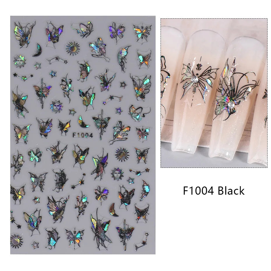 Aichashi 1PCS Black White Butterfly Laser Nail Stickers Y2K Nail Art Decoration Abstract Lines Bronzing Flowers Stickers For Nails