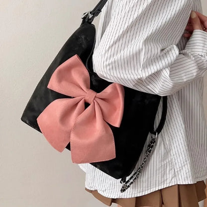 aichashi Pink Bow Womens Shoulder Bag Korean Style Fashion Large Capacity Sweet Backpack Cute Exquisite Elegant New Female Tote Bag