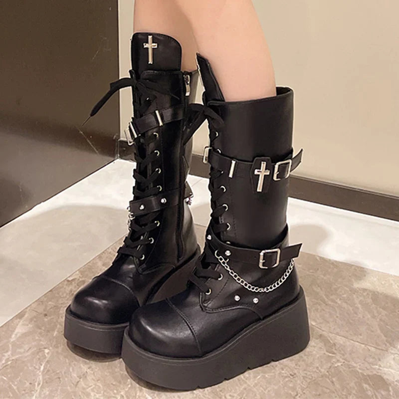 Aichashi New Chunky Platform Punk Style Boots Women Zip Thick Sole Motorcycle Booties Fashion Metal Decor Street Shot Knight Boots