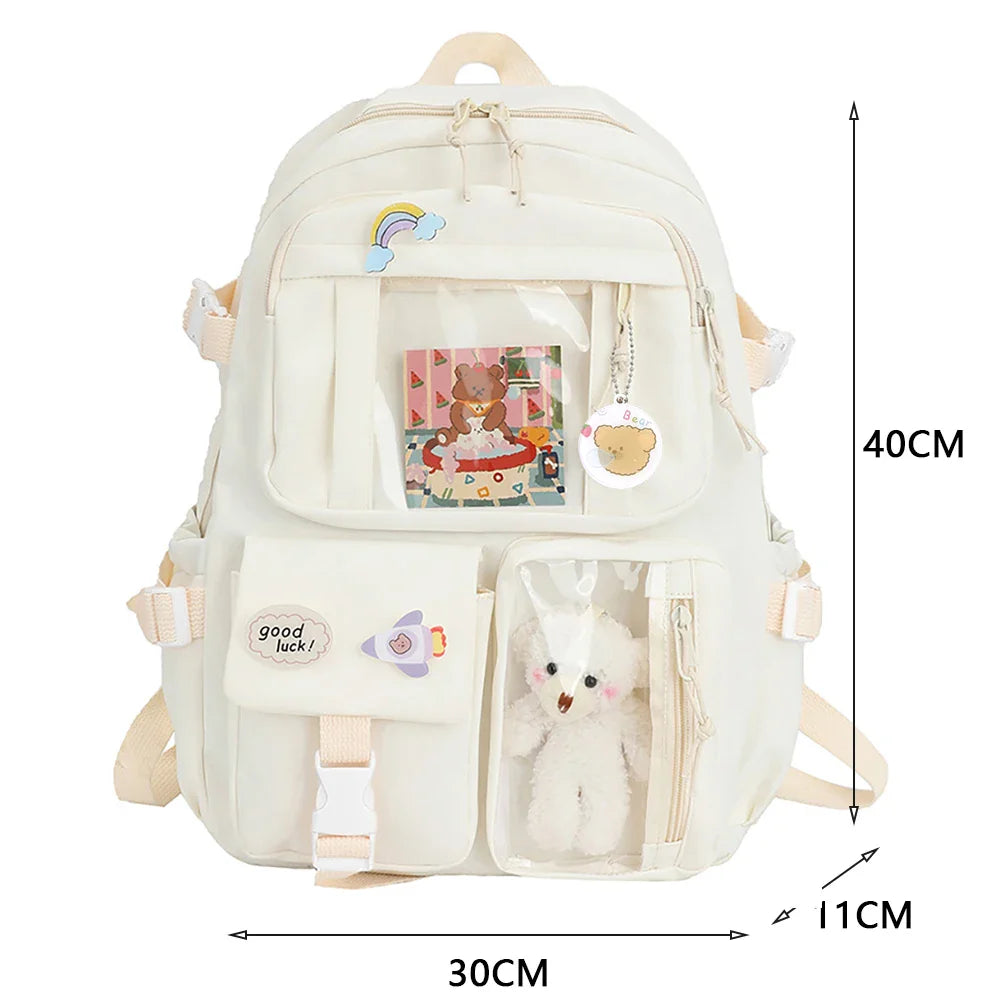 Aichashi Fashion Japanese Nylon Bookbags with Plush Pendant Summer New Student Kawaii Backpack Large Capacity Woman College Rucksack