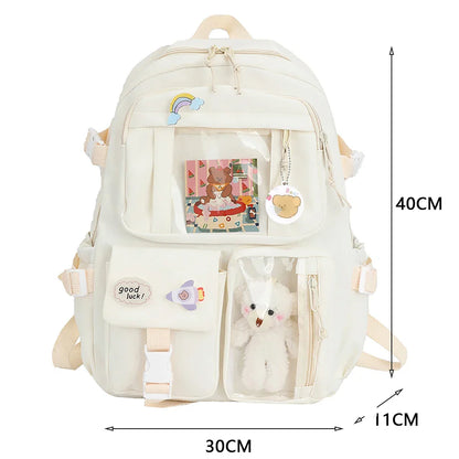 Aichashi Fashion Japanese Nylon Bookbags with Plush Pendant Summer New Student Kawaii Backpack Large Capacity Woman College Rucksack