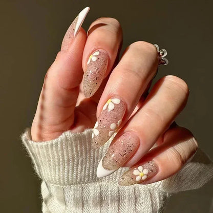 24Pcs Frosting False Nail almond with Golden Glitter Designs French Rhinestone Manicure Stiletto Fake Nails Set Press on Nails