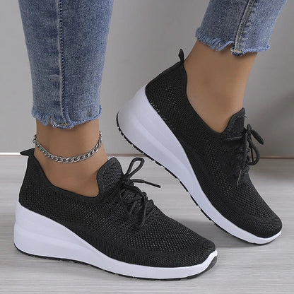 Aichashi 2024 Spring Breathable Wedge Sneakers Women Mesh Knitted Platform Sports Shoes Woman Casual Non-Slip Lace Up Tennis Shoes Ladies