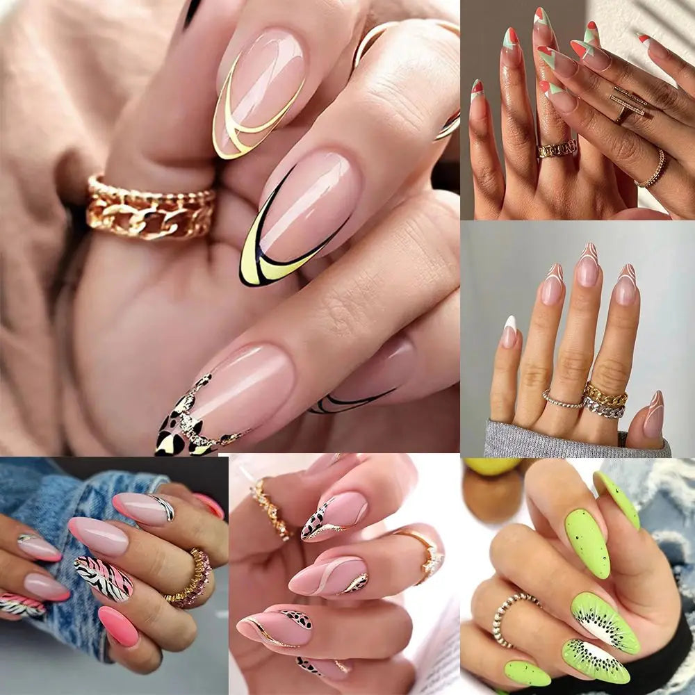 24pcs Long Almond Fake Nails French Lines Kiwi Pink Leopard Print Full Cover Press on Nails