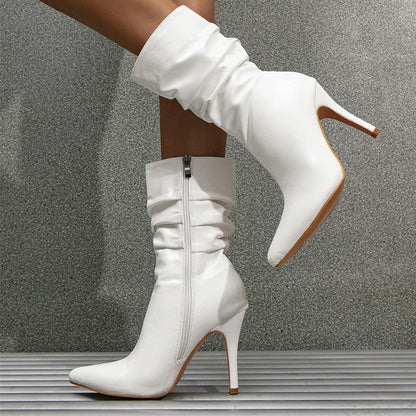 aichashi  -  Fashion White Pleated Leather Design Boots for Women Sexy Pointed Toe Zip Thin High Heels Booties Shoes Pumps Botas Mujer