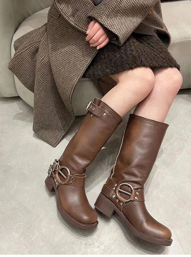 aichashi  -  Knee High Boots Women Fashion Slip On Ladies Low Heel Knight Boots New Autumn Winter Women's Biker Booties