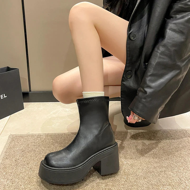 aichashi  -  Punk Style Women Ankle Boots Fashion Round Toe Slip On Shoes Autumn Winter Thick High Heel Ladies Knight Short Booties