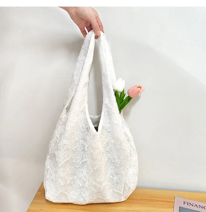 Aichashi Lace Flowers Women Shoulder Bag Thin Polyester Ladies Shopping Handbags Solid Color Girs Book Bags Casual Female Travel Tote