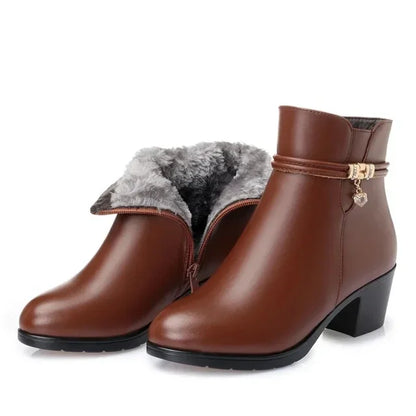 Aichashi New Fashion Soft Leather Ankle Boot High Heels Zipper Shoe Warm Fur Winter Boots Female Women Shoes Plus Size 43