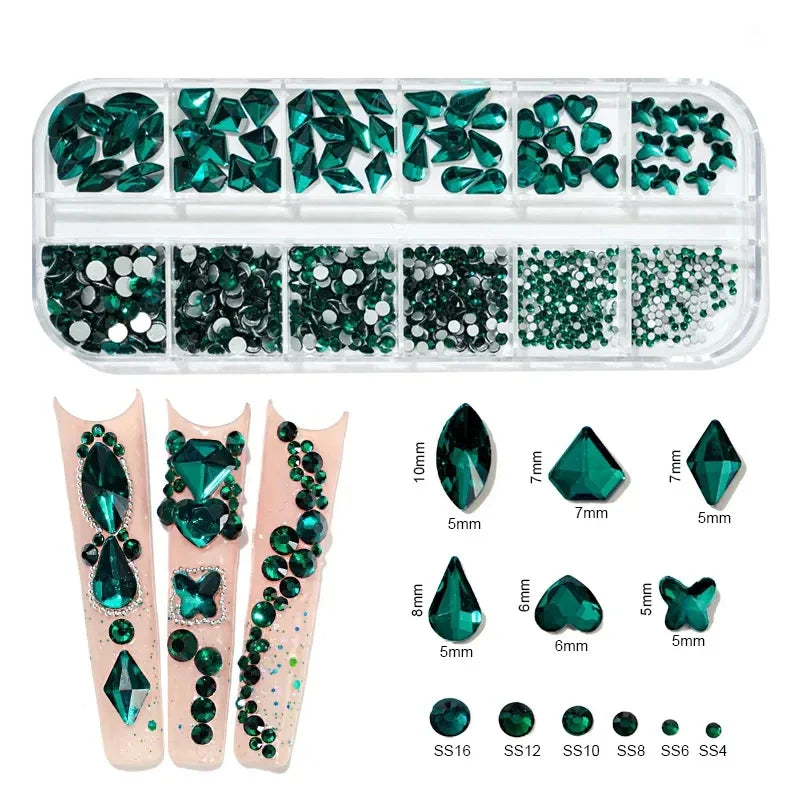 12Gird/Box Colorful Multi Shapes Hotfix Flatback Glass Diamonds 3D DIY Glitter Nail Art Rhinestones Luxurious Decorations